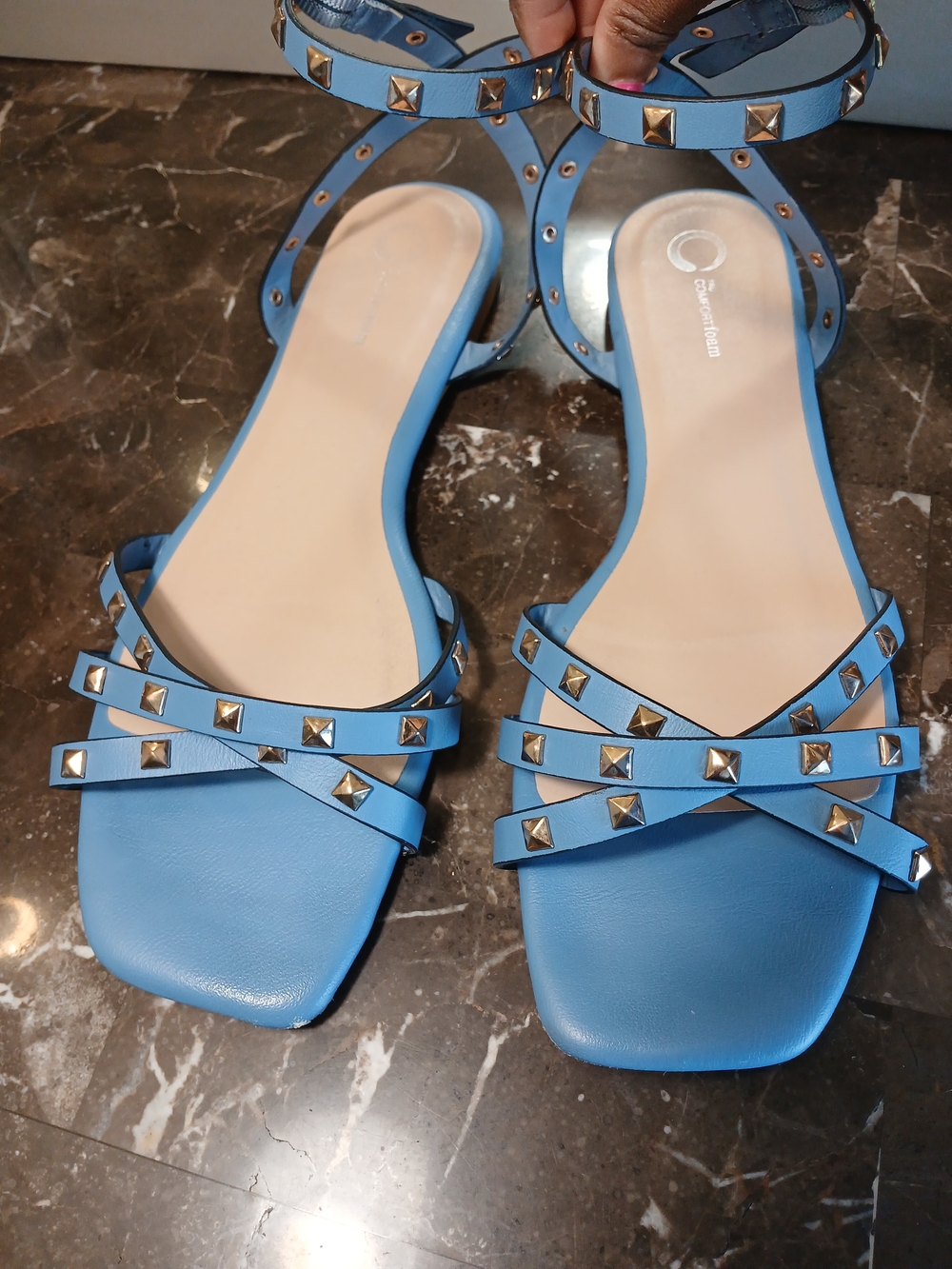 Journee Collection Blue Studded Cross-Strap Ankle Sandals
